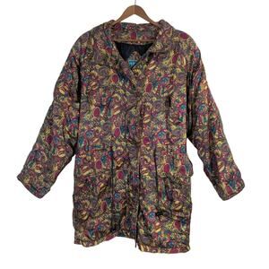 Vtg 90s Maximalist Puffer Coat Colorful Paisley Bold Statement Zip Womens Small